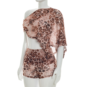 Viviblook J26ST186 Women Summer <b>Set</b> <b>Mesh</b> Leopard Print Cape Crop Top Shorts <b>Two</b> <b>Piece</b> <b>Set</b> - Product Image 4