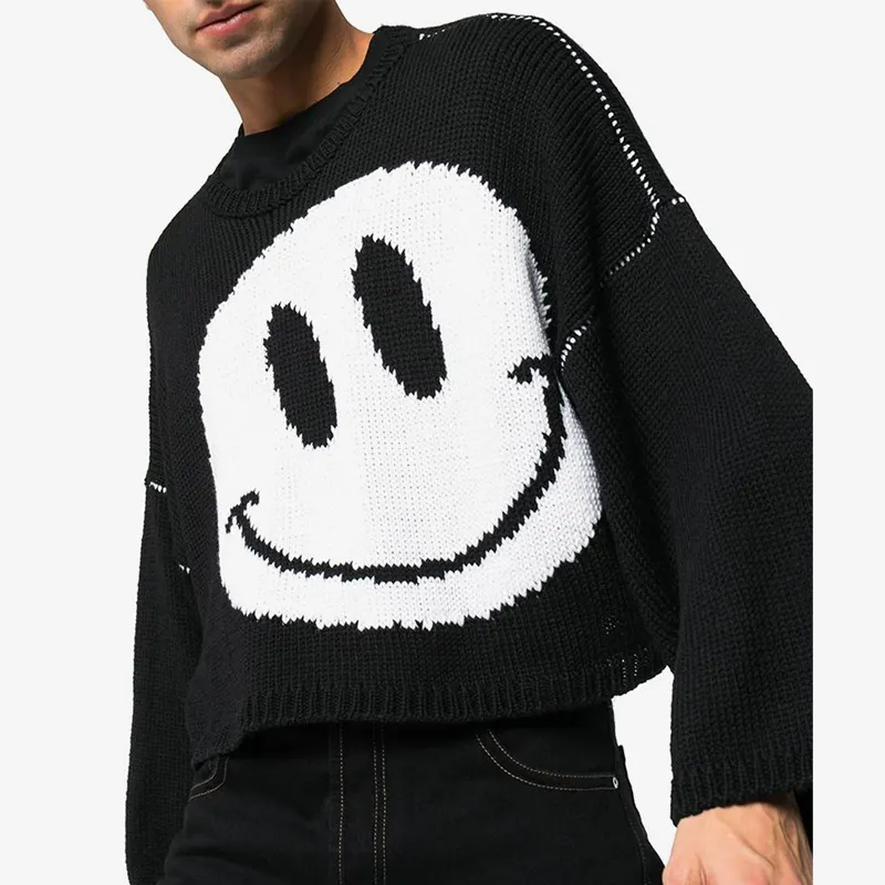 Logo personalizzato 100% lana vergine oversize girocollo ritagliata maglione da uomo pullover lavorato a maglia designer smiley intarsia maglione lavorato a maglia da uomo