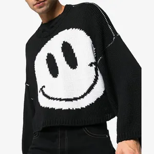 Logo personnalisé 100% laine vierge surdimensionné col ras du cou pull court pour hommes pull tricoté designer smiley intarsia pull en tricot pour hommes