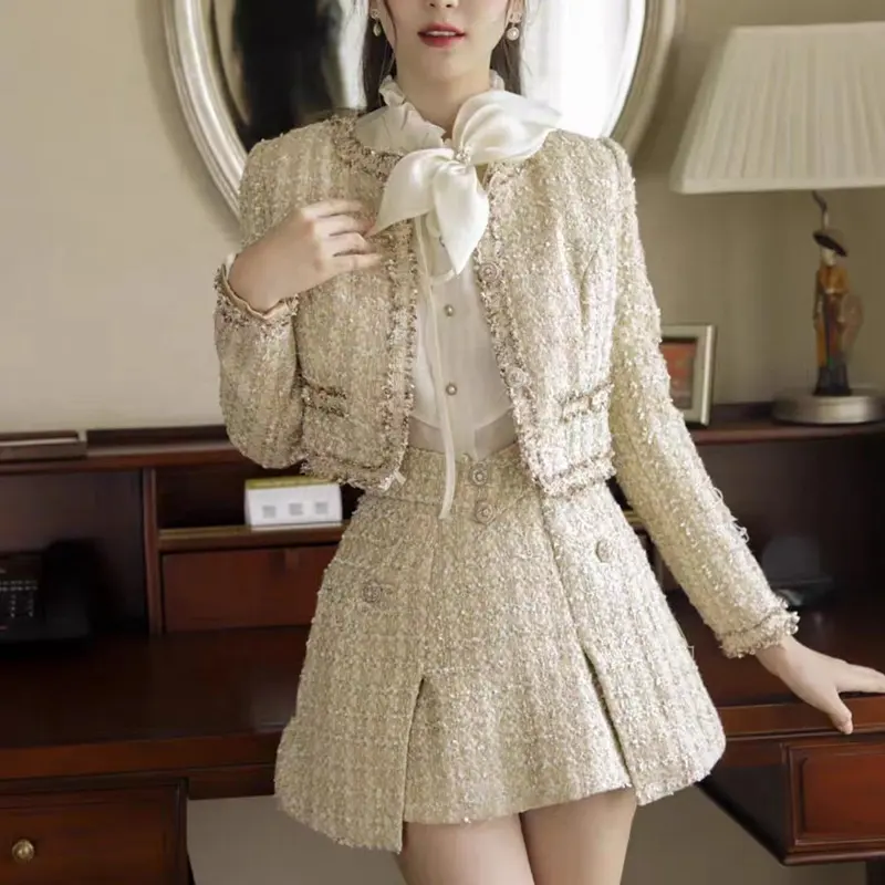 Herfst/Winter Nieuwe Elegante Dames Tweedelige Mode Korte Jas Halve Rok Tweed Set