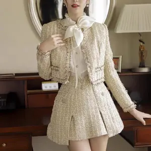 가을/겨울 새로운 우아한 여자의 투피스 패션 짧은 코트 하프 스커트 트위드 세트