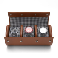 Étui de voyage portable haut de gamme en cuir marron à motif pied-de-poule pour 3 montres, avec bouton-pression, pour homme et femme, idéal comme cadeau