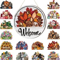 Panneau de bienvenue en buis de style pastoral, 12/16 pièces, interchangeable, pour porte d'entrée, décoration rustique, bannière suspendue saisonnière d'automne