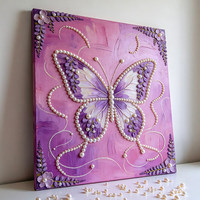 Kit de Peinture sur Toile DIY Papillon Perlé, Art Mural Floral 3D en Relief avec Strass et Acrylique pour Décoration Intérieure et Cadeau