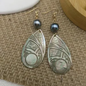26styles Natural <strong>Black</strong> Mother of Pearl Shell Monstera Leaf Turtle <strong>Dangling</strong> <strong>Earrings</strong> Classic Gold Plated 14K Non Tarnish Hooks - Product Image 6