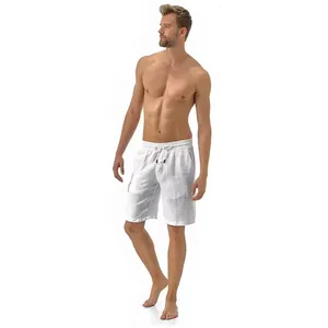 Custom Logo Men's Streetwear Slant Pockets Drawstring Waist Breathable Natural Linen Casual Shorts