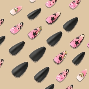 Diseño de patrones de tema tropical de moda refinado Prensa mixta en <span class=keywords><strong>uñas</strong></span> <span class=keywords><strong>Rosa</strong></span> almendra mediana <span class=keywords><strong>y</strong></span> negra - Product Image 3