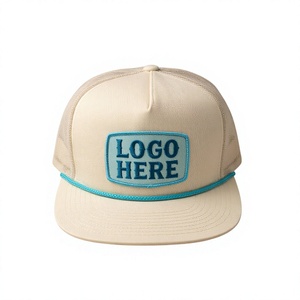 Casquette Trucker Unisexe en Maille Réglable à Visière Plate 5 Panneaux avec Patch Logo Brodé Crème Menthe Bleu - Product Image 1
