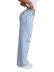 YUANBOFEI <span class=keywords><strong>Jean</strong></span> Baggy <span class=keywords><strong>Bleu</strong></span> Personnalisé Effet Délavé Vintage en Denim Déchiré pour Femme Coupe Large Confortable sans Serrer pour Usage Quotidien - Product Image 3