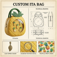 Mochila Personalizada Kawaii con Diseño de Piña, Amarilla, Acolchada con Diamantes, de Cuero PU, con Tirador de Cremallera de Hoja, Forro con Estampado Tropical y Espacio para Pins