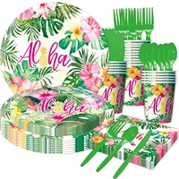 Ensemble de vaisselle jetable sur le thème tropical vert Hawaï, nappe sur le thème tropical d'été pour décorations et fournitures de fête d'anniversaire
