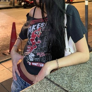 Maglietta Casual stile coreano stile Streetwear con scollo a Slash stampato a manica corta maglietta <span class=keywords><strong>Sexy</strong></span> da donna - Product Image 2