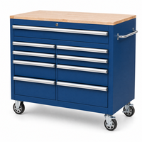 Chariot à outils robuste sur roulettes, armoire à outils industrielle en acier bleu avec plan de travail en bois pour garage et atelier