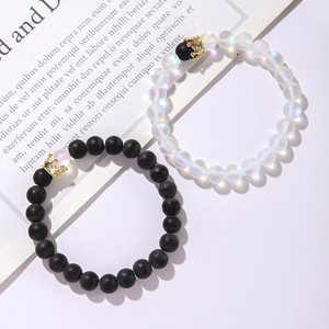 Frosted Moonstone <b>Beaded</b> <b>Bracelet</b> With Crown Charm Elastic Rope Jewelry Unisex Couple Style Anniversary Gift - Product Image 3