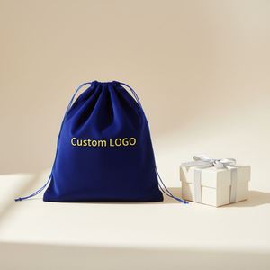 Sacs à cordon en velours bleu avec logo blanc personnalisé de luxe en gros pour boîte à bijoux - Product Image 1