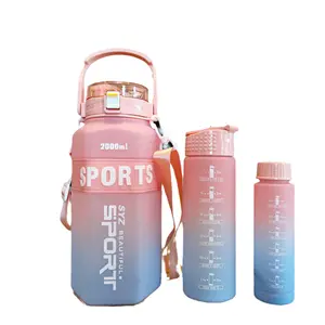 Creative Hexagonal Three-piece One Set Gradient Large Capacity Sports Plastic Bottle With Straw Outdoor Water Bottle