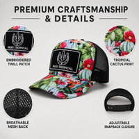 Casquette Trucker Sportive 5 Panneaux Personnalisée à Sublimation Florale Tropicale Cactus, Dos en Maille Respirante, Patch Brodé, Casquette Snapback OEM