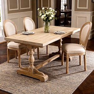 Juego de 2 sillas de comedor con respaldo ovalado, tapizadas en lino, con estructura de madera maciza estilo francés, color beige - Product Image 1