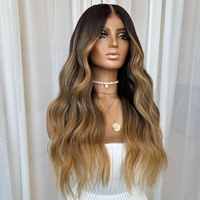 Perruque en dentelle complète en cheveux humains, style Balayage chaud, longue, à ondulations souples, mèches brunes et blondes, avec raie au milieu