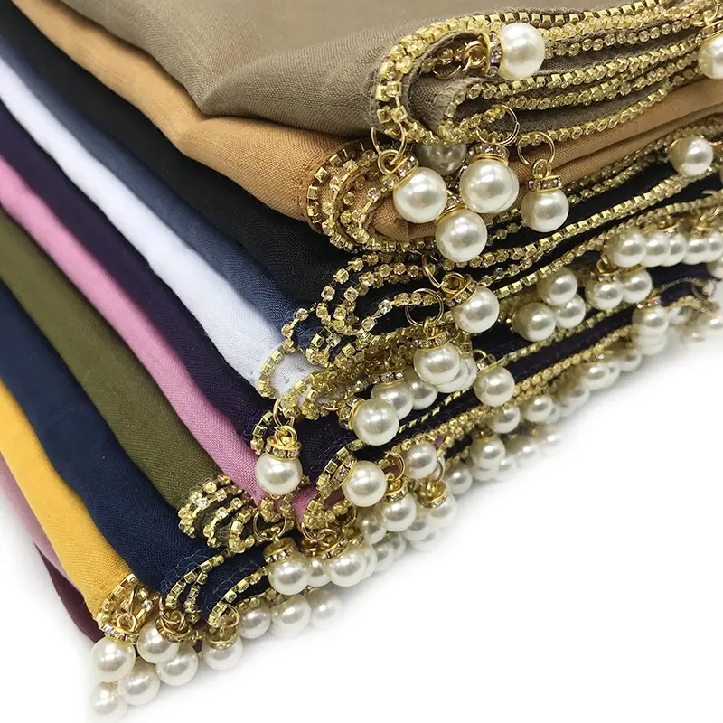 Chal liso de 2 lados de lujo para mujeres musulmanas, bufanda con bordes de encaje, perlas, viscosa, hijab, cuentas, regalos Eid, gran oferta