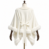 Cardigan poncho en tricot plat coréen pour femme avec bordure en vraie fourrure de renard blanc – Collection Hiver Boutique