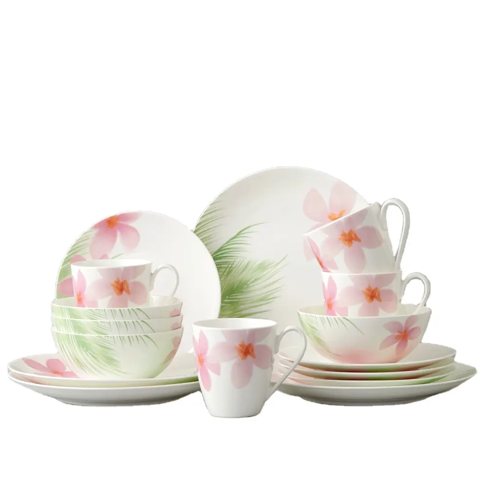 Plates Aurartic American Style Home Wedding Flower Palm Leaf Plates 16 PCS Fine Ceramic Porcelain Dinner Sets Dinnerware