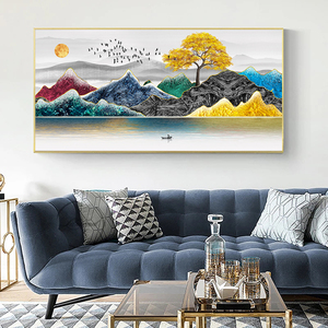 <span class=keywords><strong>Cuadros</strong></span> Decorativos para Pared, Impresiones de Arte Nórdico Abstracto, Árbol Dorado, Pájaros, Montaña, Lienzo, Pintura, Cuadro para Sala de Estar, Decoración del Hogar - Product Image 5