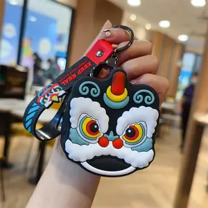 Good Luck Lion Dance Wallet Keychain Cartoon PVC Coin Purses Soft Rubber Key chains Chinese Key rings Lion Dance Keychain Wallet