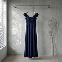 Robe longue bleu marine à col en V et volants, épaules dénudées, taille haute, coupe trapèze, pour femme, idéale pour soirée formelle, demoiselle d'honneur
