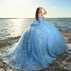 Abito da ballo blu cielo con perline e glitter, fiocco per il 15° compleanno, <span class=keywords><strong>vestito</strong></span> da <span class=keywords><strong>principessa</strong></span> per Quinceañera MQ750 - Product Image 2