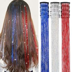 Kit de 12 Extensiones de Cabello con Brillo Azul, Plateado y Rojo para Niñas, Extensiones de Cabello con Purpurina Brillante y Reluciente - Product Image 5