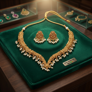 Parure de bijoux de luxe plaqué or en cuivre, collier ras-du-cou et boucles d'oreilles, pour femme, style ethnique traditionnel, perles d'imitation, pour mariage - Product Image 3