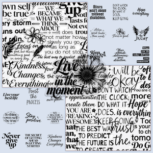 50 Adesivi Impermeabili Fustellati Semplici Originali in Bianco e Nero con Parole Motivazionali in Inglese per Quaderni e Pareti - Product Image 1