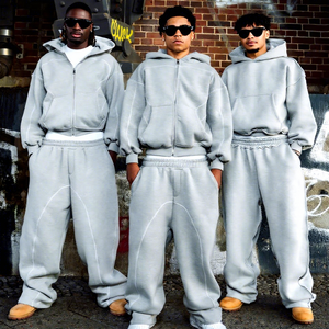 Özel Boxy Fit çift katmanlı gri Stacked yığılmış Baggy boy fransız Terry pamuk eşofman <span class=keywords><strong>Sweatpants</strong></span> ve Hoodie erkekler için Set - Product Image 1