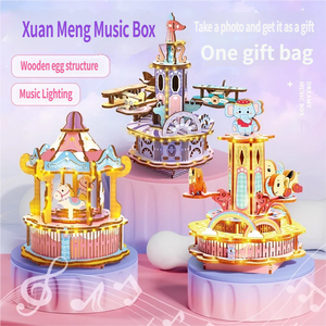 Trendy Fun <b>Wooden</b> Music <b>Box</b> DIY Assembly <b>Toy</b> Carousel & Airplane Model Educational Ornament for Kids - Product Image 1