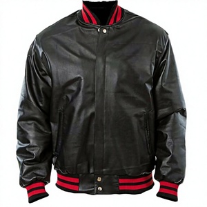 Men's Black PU Leather Bomber <b>Jacket</b> With Red Trim Casual Autumn Style Regular Fit Turn-down Collar Single Button Closure - Product Image 2