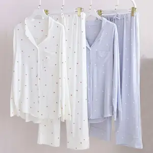 New Product 2024 Popular Womens Heart Print Button Down Soft Pajamas Sets Women'S Cotton Pajamas