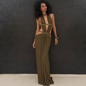 GHY6645 Sexy Backless <strong>Sequin</strong> Halter Dress Women Sleeveless <strong>Off</strong> Shoulder Hollow Out Pleated Maxi Dresses New Lady Evening Party - Product Image 2