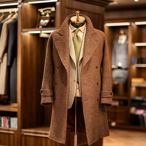 Cappotto da Uomo in 100% Lana Marrone con Texture Mista, Doppiopetto con Cintura, Tessuto di Lana Grezza Spazzolata, Stile Retrò da Gentiluomo - Product Image 1