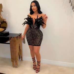 Robe Courte Sexy en Plumes et Strass, Ornée de Perles de Luxe, pour Soirées Anniversaires et Clubs – Vente en Gros - Product Image 3