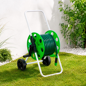 Enrouleur de tuyau d'arrosage HOMFUL <span class=keywords><strong>50m</strong></span> <span class=keywords><strong>sur</strong></span> chariot à roues en PP, cadre blanc thermolaqué, enrouleur manuel pour l'arrosage du jardin - Product Image 5