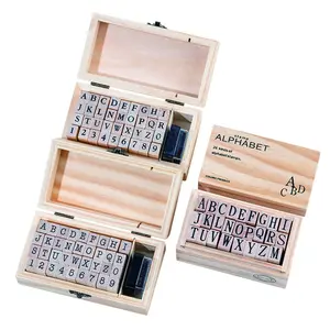 多功能复古字母印章木制邮票套装装饰木盒，带油墨垫，用于DIY规划艺术