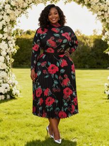 厂家直销数码印花女式优雅玉米粒褶连衣裙立领宫崎褶皱弹力长袖连衣裙 - Product Image 2