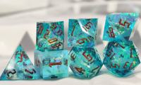 Jeu de dés DND bleu 7 pièces, dés Dragon, revêtement arc-en-ciel, matériau en résine polyédrique, bords tranchants, RPG, lumière Aurora