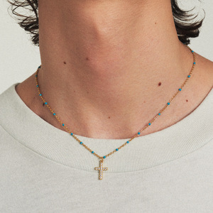 Collana con Croce in Argento Sterling S925, Turchese Smaltato <span class=keywords><strong>e</strong></span> Perline Placcate Oro, <span class=keywords><strong>Gioielli</strong></span> Minimalisti per Uomo <span class=keywords><strong>e</strong></span> Donna - Product Image 3