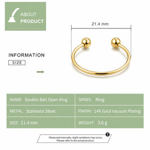 Double Ball Open <b>Stainless</b> <b>Steel</b> <b>Ring</b> with 14K Gold Vacuum Plating Minimal Adjustable Polished Band - Product Image 3