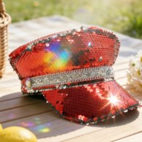 Chapeau de Capitaine de Luxe Rouge à Paillettes et Strass pour Fêtes, Vente en Gros, 3 MOQ, Personnalisé, Unisexe, Plage, Extérieur, Quatre Saisons