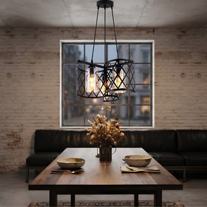 Luminaire suspendu en treillis de diamants à 3 lumières, lampe suspendue en métal noir à maille croisée avec verre ambré - Product Image 6