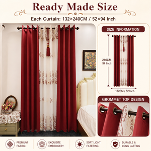 Cortinas de Lujo Premium de 4 Piezas con Bordado de Voile Transparente y Ojales, Cortinas Opacas para la Sala de Estar, para Ventanas de Habitación - Product Image 3