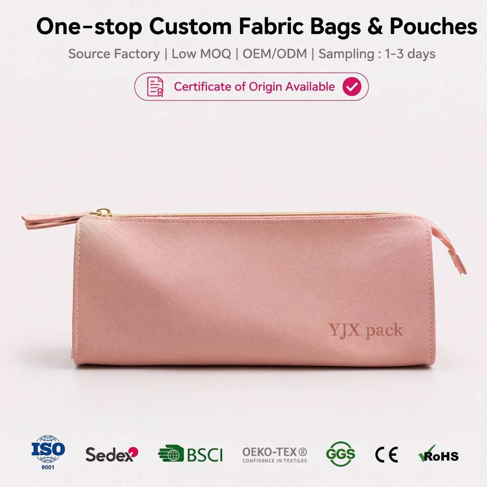 Pink Cross Texture PU Leather Zipper Bag Slim Rectangle Custom Printed ...